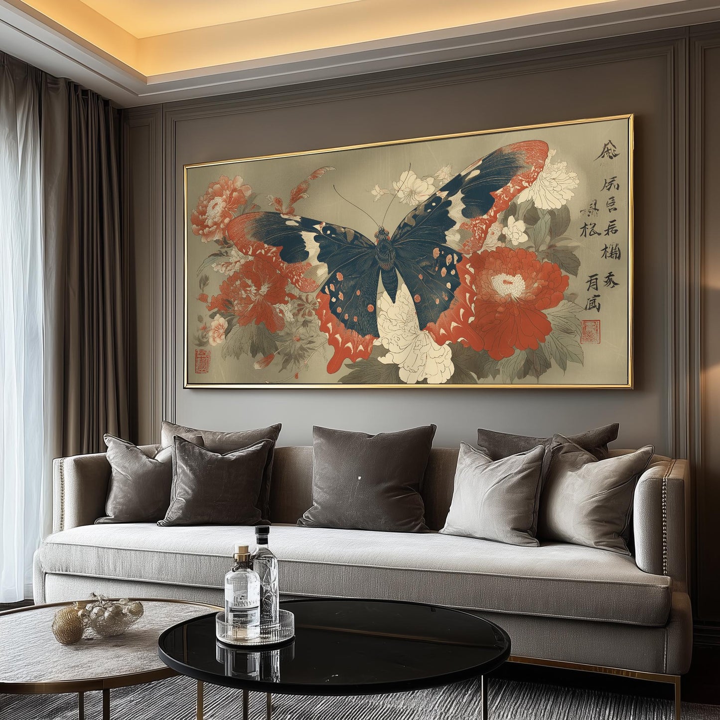 Japanese Butterfly Poster, Vintage Panoramic Print, Ukiyo-e Woodblock Style, Beige Wall Art