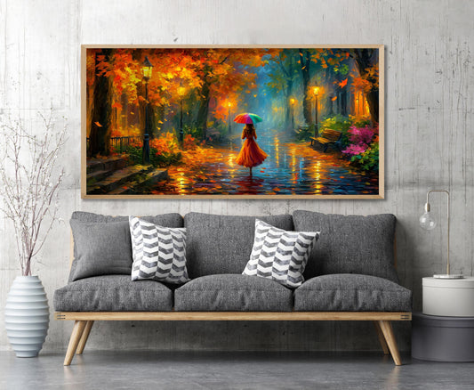 Colourful Umbrella Autumn Park PANORAMIC WALL ART Picture Print