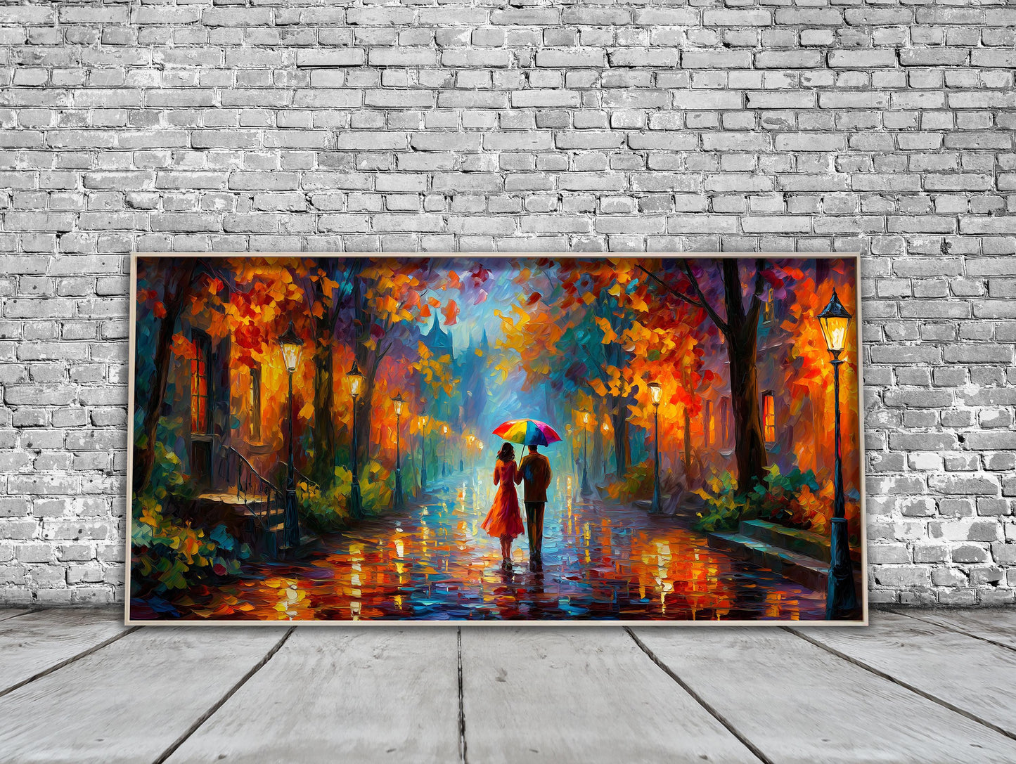 Romantic Couple Wall Art – Rainy Street Panoramic Print
