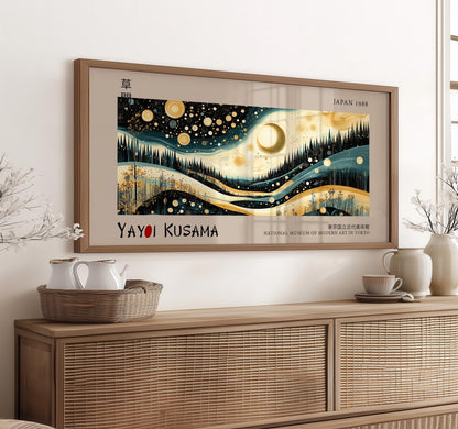 Japanese Moon & Stars Panoramic Print | Modern Japandi Wall Art | Abstract Landscape Poster | Zen Nature Decor | Museum Exhibition Print