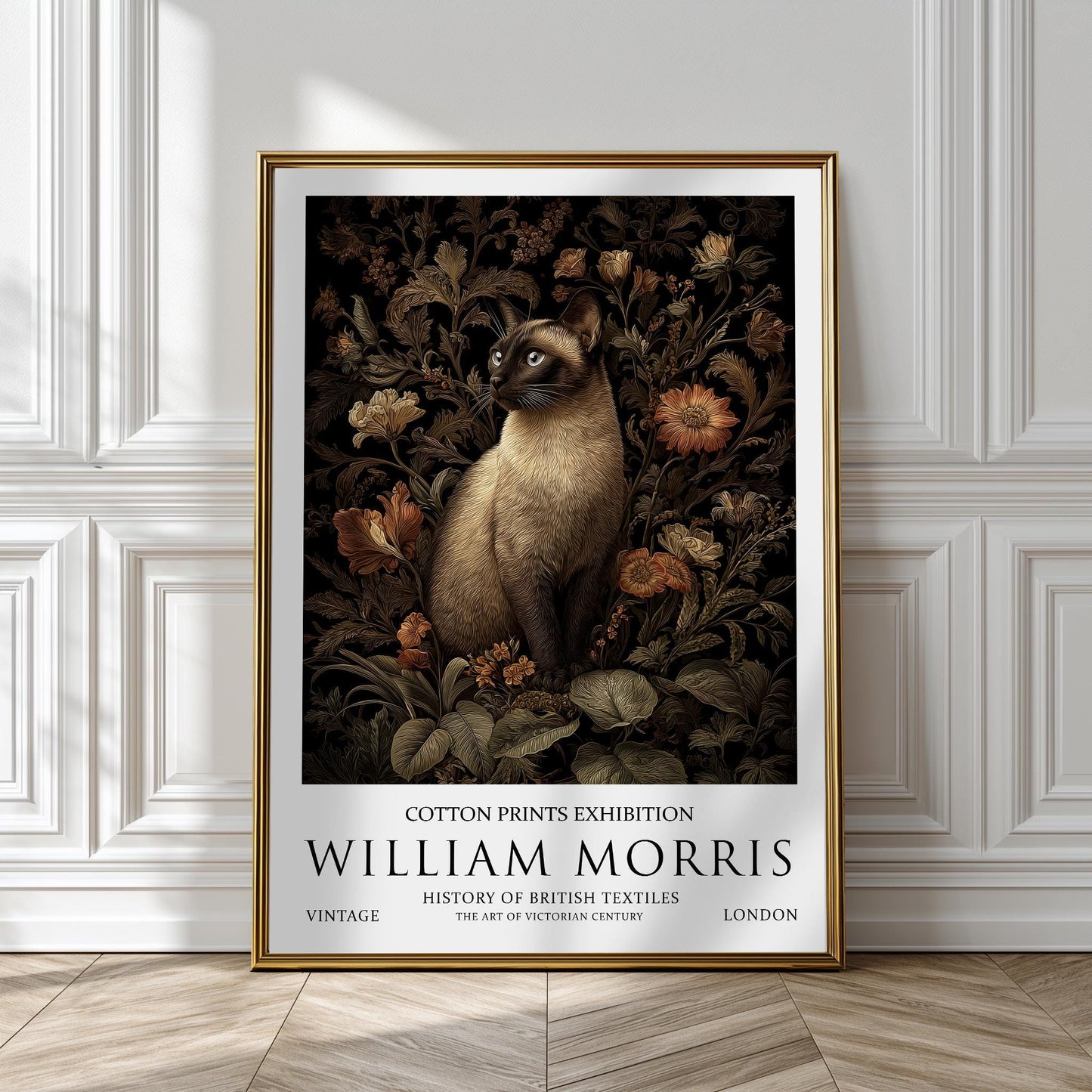 Siamese Cat Art Print, William Morris Style Floral Poster, Vintage Wall Art