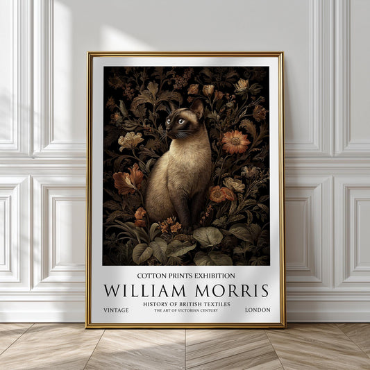 Siamese Cat Art Print, William Morris Style Floral Poster, Vintage Wall Art