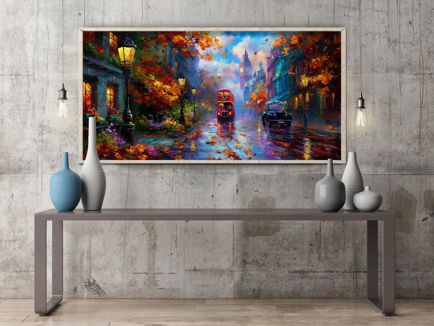 London Bus Art Print – Big Ben Wall Art – Rainy London Panoramic Print