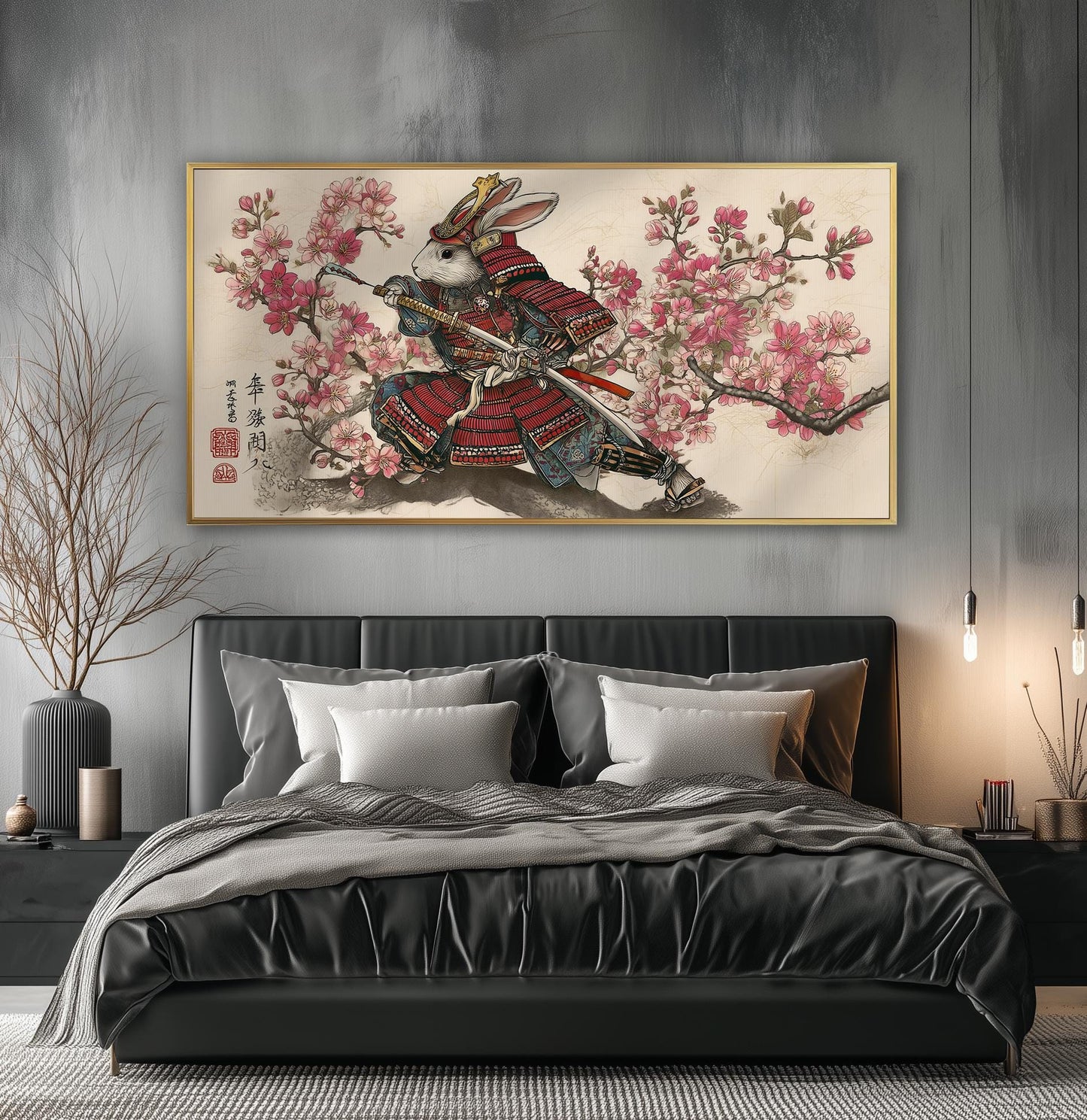 Samurai Rabbit Panoramic Print: Japanese Cherry Blossom Wall Art