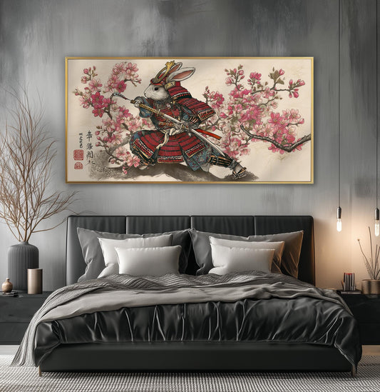 Samurai Rabbit Panoramic Print: Japanese Cherry Blossom Wall Art
