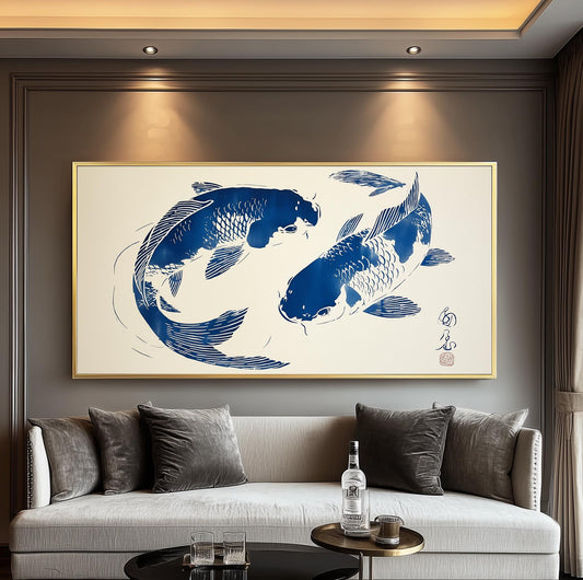 Japanese Panoramic Print – Blue koi fish – Minimalist Wall Décor
