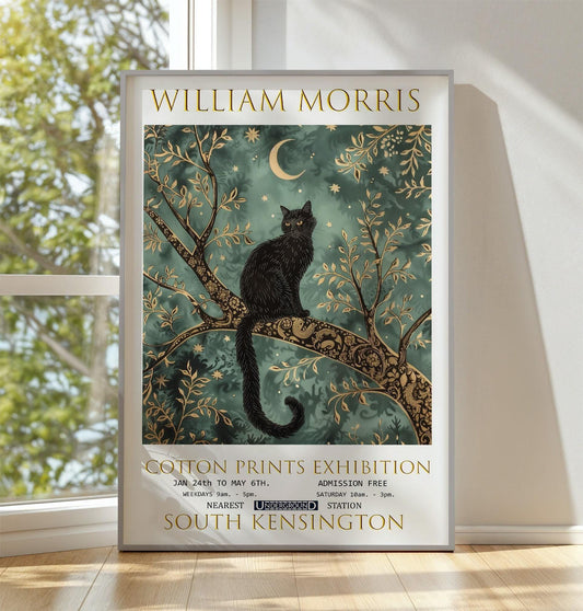 William Morris Black Cat Print: Vintage Floral Wall Art