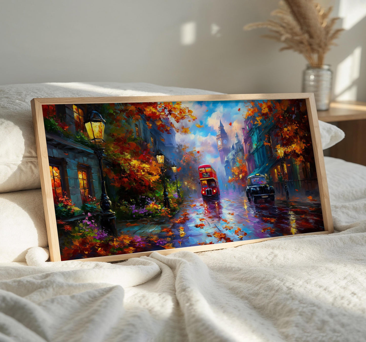 London Bus Art Print, Big Ben Wall Art, Rainy London Panoramic Print, Red Bus Print, Impressionist Oil Painting