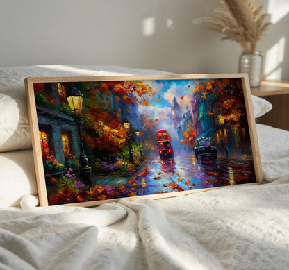 London Bus Art Print, Big Ben Wall Art, Rainy London Panoramic Print, Red Bus Print, Impressionist Oil Painting