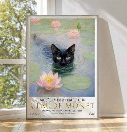 Monet Cat Water Lily Art Print: Whimsical Impressionist Poster
