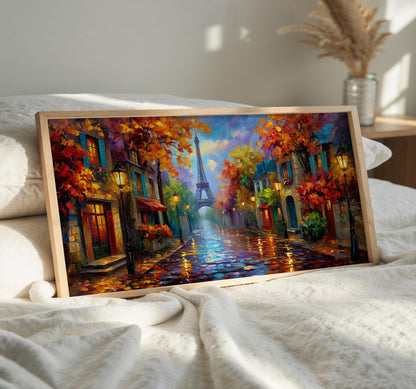 Paris Panoramic Print, Eiffel Tower Wall Art, Rainy Paris Street Art, Colourful Autumn Decor, Impressionist Oil Painting