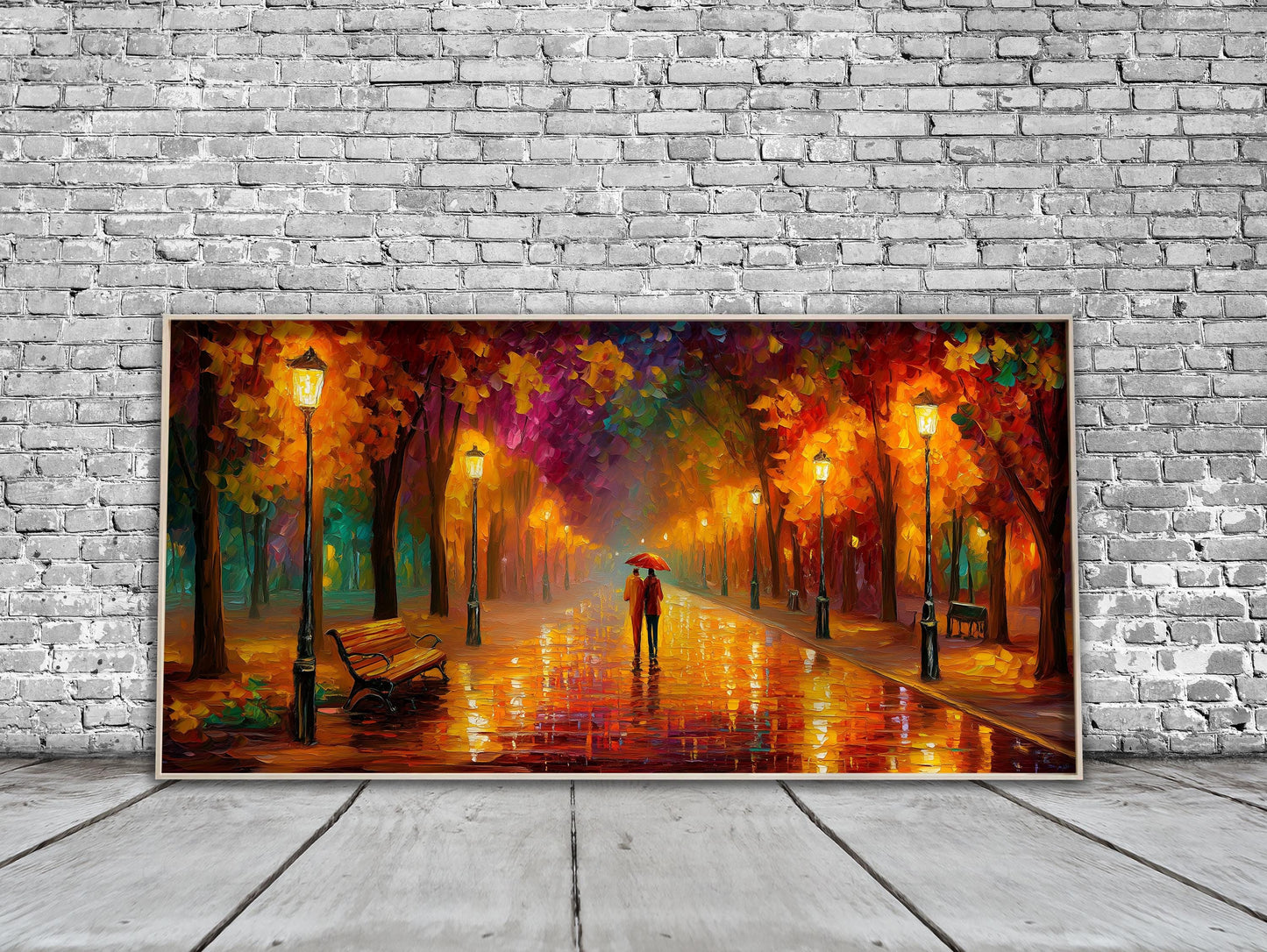 Art Print, Autumn Park Rainy Evening, Panoramic Streetlight Scene