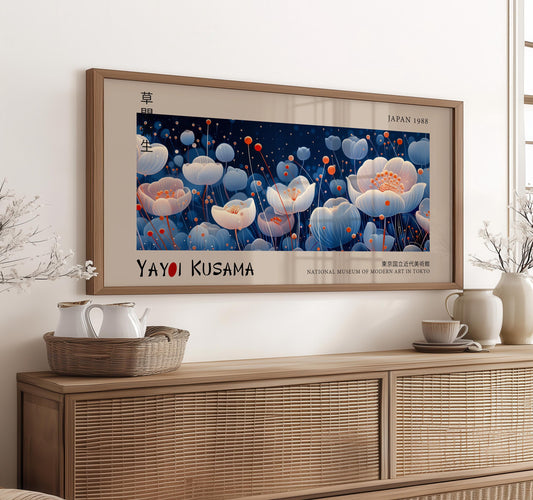 Yayoi Kusama Japanese Floral Print: Blue & White Botanical Art