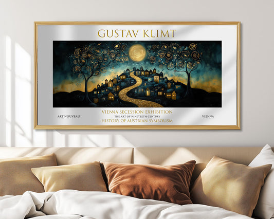 Gustav Klimt Starry Night Village Print: Art Nouveau Golden Landscape