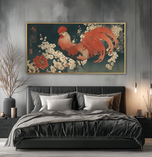 Japanese Rooster Art Print: Ukiyo-e Floral Woodblock Style