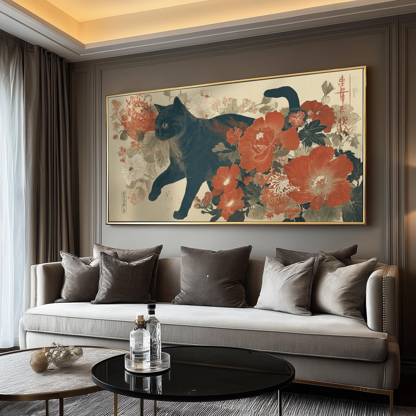 Japanese Black Cat Poster Print, Ukiyo-e Floral Panoramic Print