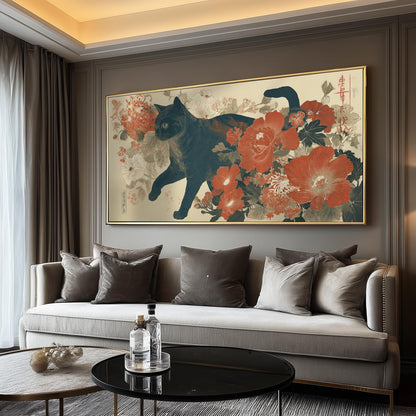 Japanese Black Cat Poster Print, Ukiyo-e Floral Panoramic Print