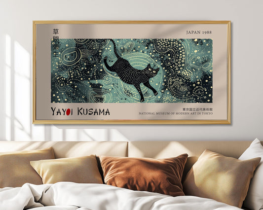 Yayoi Kusama Panoramic Print – Cosmic Night Poster – Japanese Black Cat