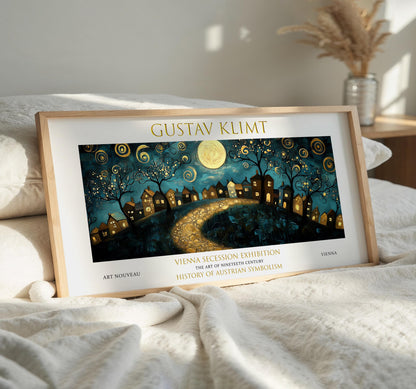 Gustav Klimt Starry Village Print: Art Nouveau Panoramic Wall Art