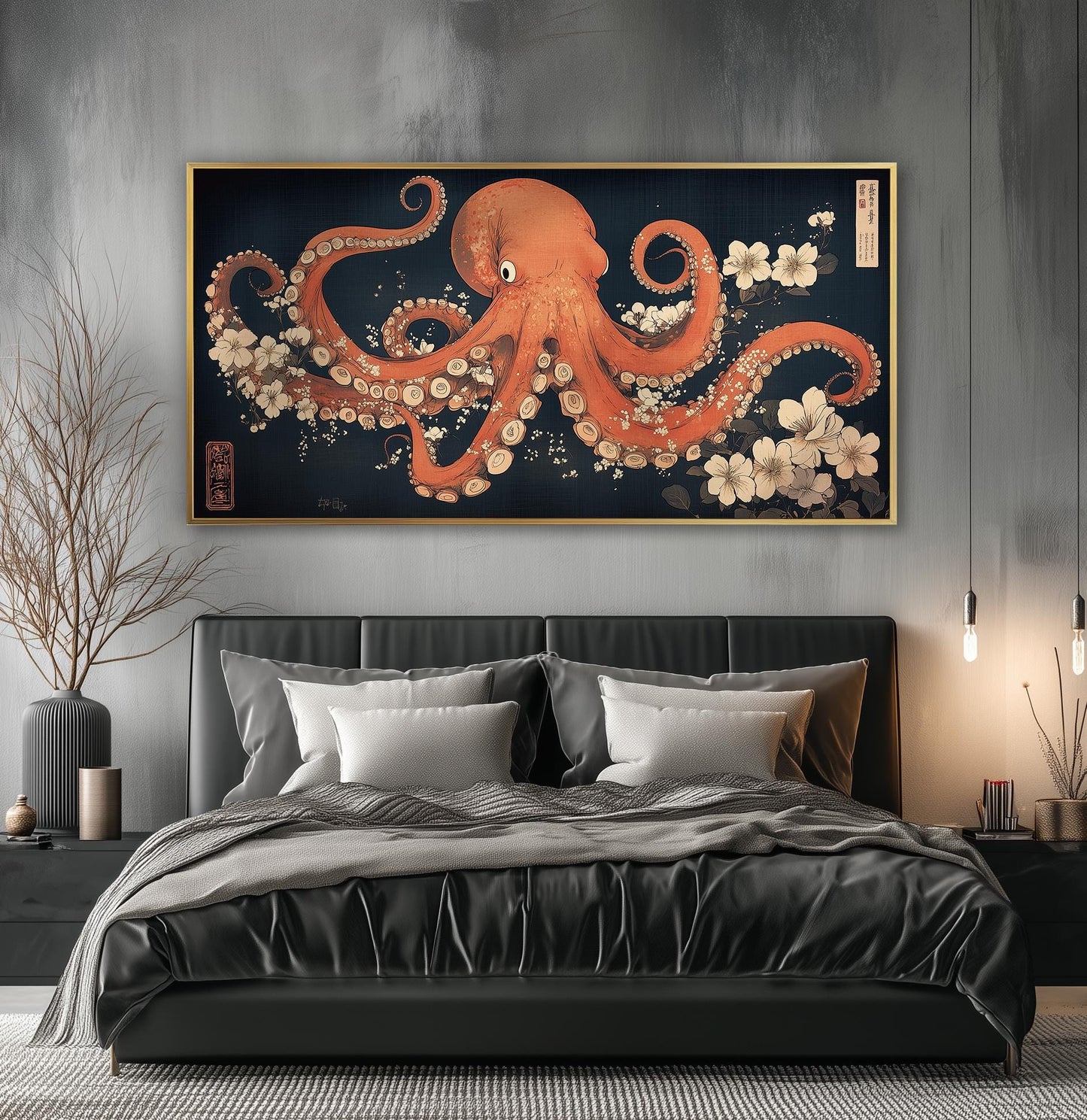 Print, Japanese Octopus Ukiyo-e Style, Panoramic Floral Wall Art