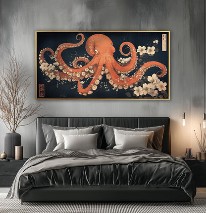 Print, Japanese Octopus Ukiyo-e Style, Panoramic Floral Wall Art