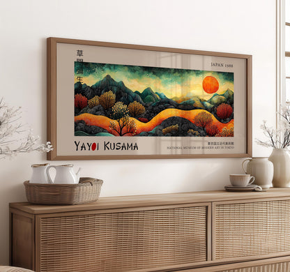 Japanese Sunset Print: Yayoi Kusama Inspired Mountain Landscape Art