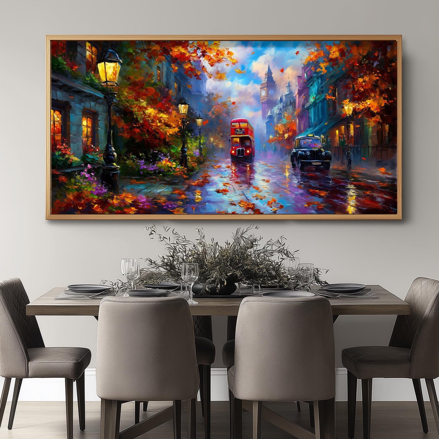 London Bus Art Print – Big Ben Wall Art – Rainy London Panoramic Print