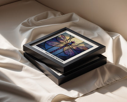 Dragonfly Art Nouveau print shown in a black frame on neutral fabric