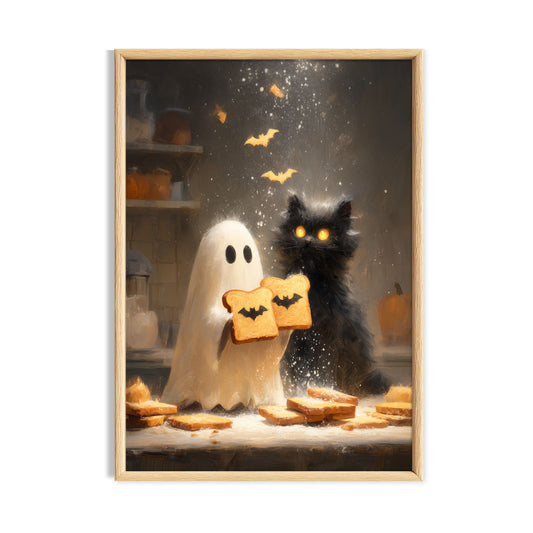 Whimsical cottagecore kitchen artwork with a ghost and black cat baking together.