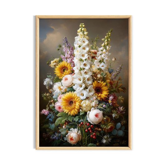 Tall cottage garden bouquet with foxgloves, sunflowers and soft pastel flowers.