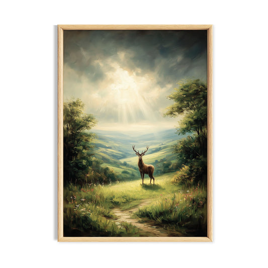 Deer standing in a softly sunlit pastoral valley.