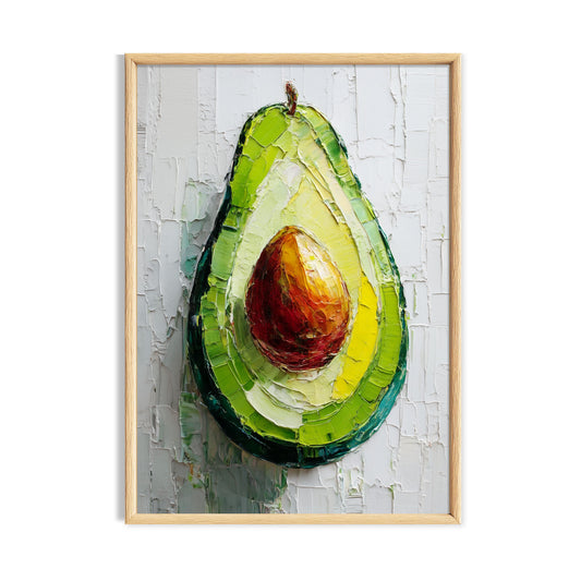 Painterly avocado half on a soft neutral background.