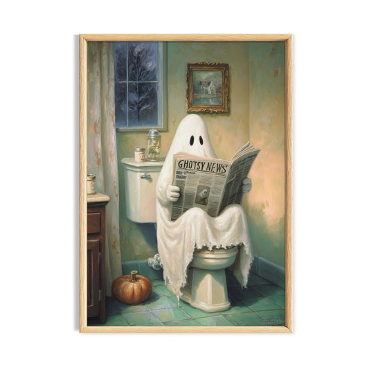 White ghost sitting on a toilet reading a newspaper in a vintage bathroom.