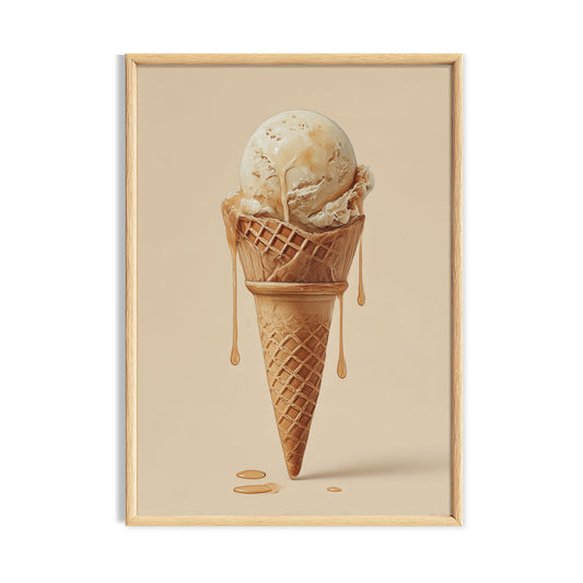 Melting vanilla ice cream cone on a soft neutral background.