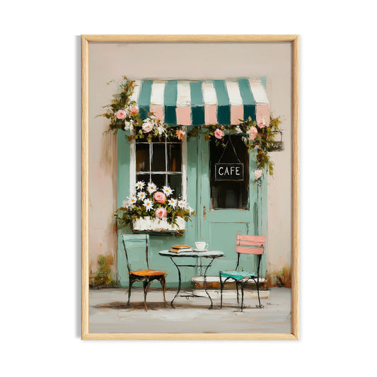 Flower-covered cottage café storefront with abundant plants and blossoms.