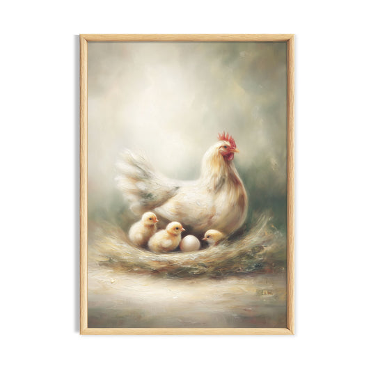 White hen standing with a group of fluffy chicks.