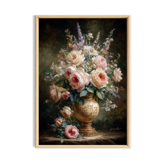Pale blush rose bouquet arranged in a classical vintage urn.