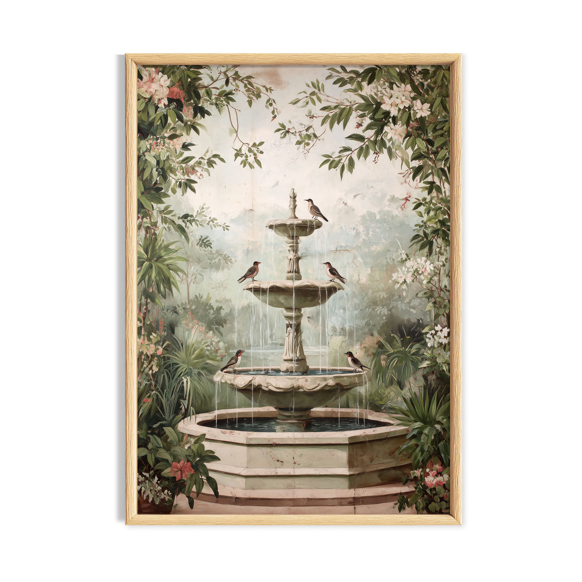 Romantic cottage garden fountain surrounded by soft flowers and leafy branches.