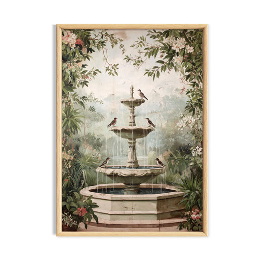 Romantic cottage garden fountain surrounded by soft flowers and leafy branches.