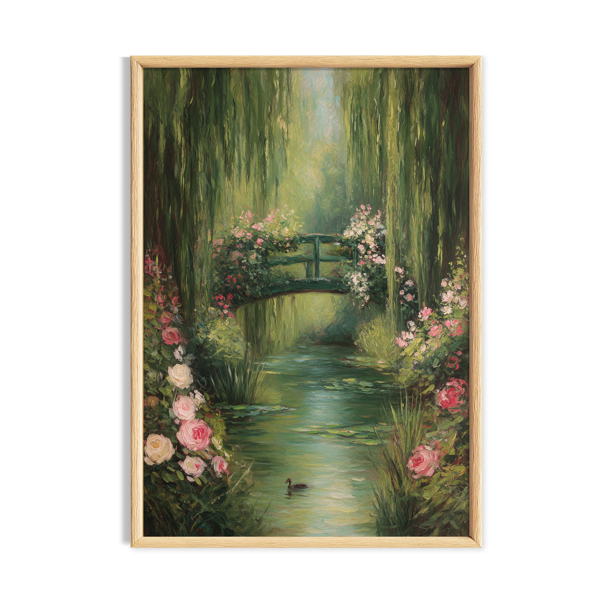 Willow garden pond with a small arched bridge and pink flowers.
