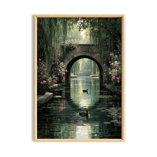 Stone garden arch reflected in a calm pond beneath leafy trees.
