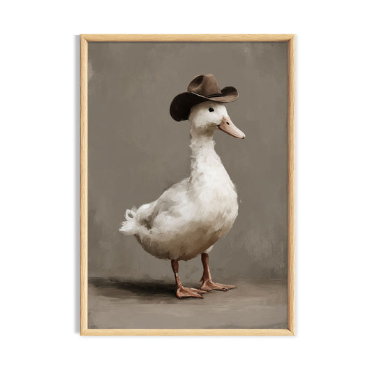 Whimsical white goose wearing a brown cowboy hat on a neutral background.