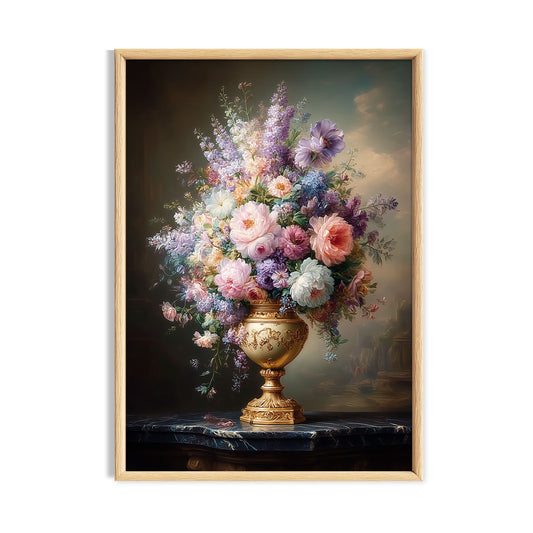 Pastel cottage garden bouquet in a gold vase on a dark background.