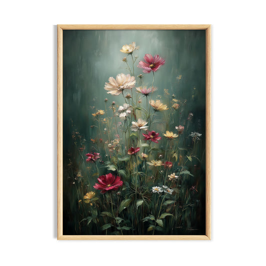 Delicate pink and white wildflowers growing against a deep teal background.
