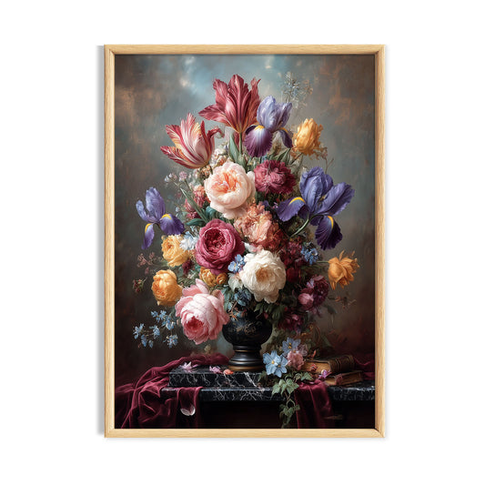Rich multicolour vintage flower bouquet in a decorative vase.