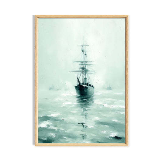 Tall vintage sailing ship on a pale misty sea.