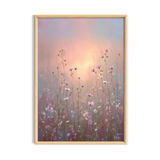 Soft pastel wildflower meadow glowing beneath a pink sunset sky.