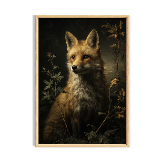 Young fox portrait surrounded by dark woodland foliage.