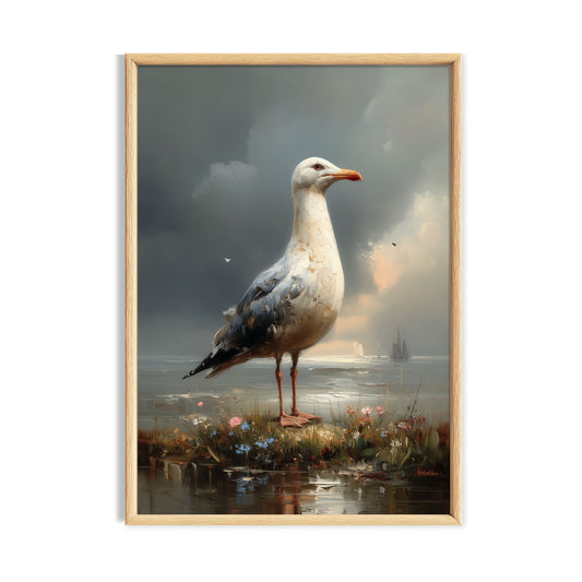 Seagull standing beside shallow water beneath a soft cloudy sky.
