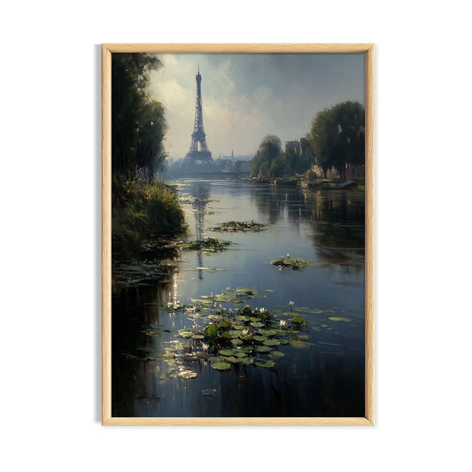 Eiffel Tower seen across a calm lily pond in a softly painted Paris landscape.